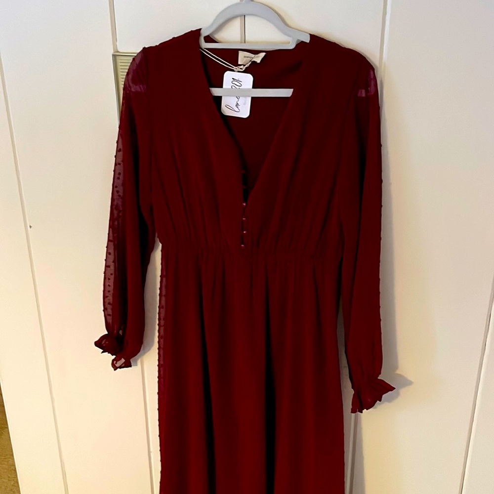 Burgundy dress. Dotted with shear overlay and button top